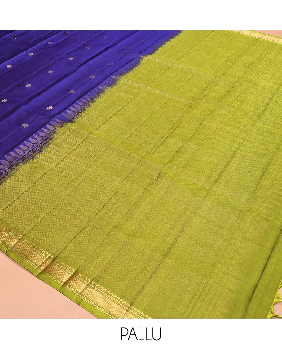 Blue Mayuri Soft Silk Saree, Spotlighted with Zari Buttas All Over Its Body, Complemented by Contrast Border of Salngai, Muthu, Banaras, and Kuyil Kann Designs, Grand Jaal Pallu and Paired with a Contrast Blouse - Image 5