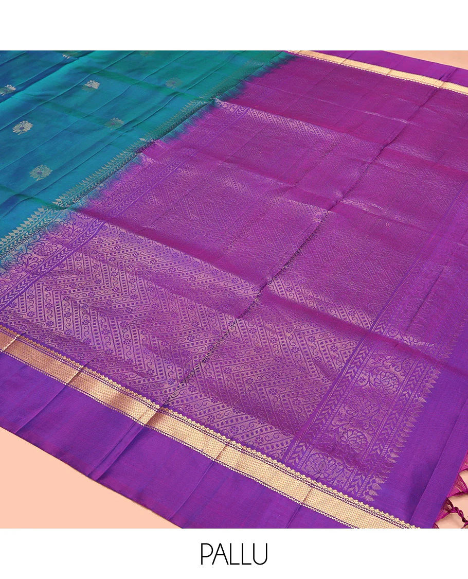 Blue Mayuri Soft Silk Saree Spotlighted with Zari Buttas All Over Its Body, Complemented by Kal Erangina Border of Vanki Designs, Diagonally Woven Pallu and Paired with a Contrast Blouse - Image 5