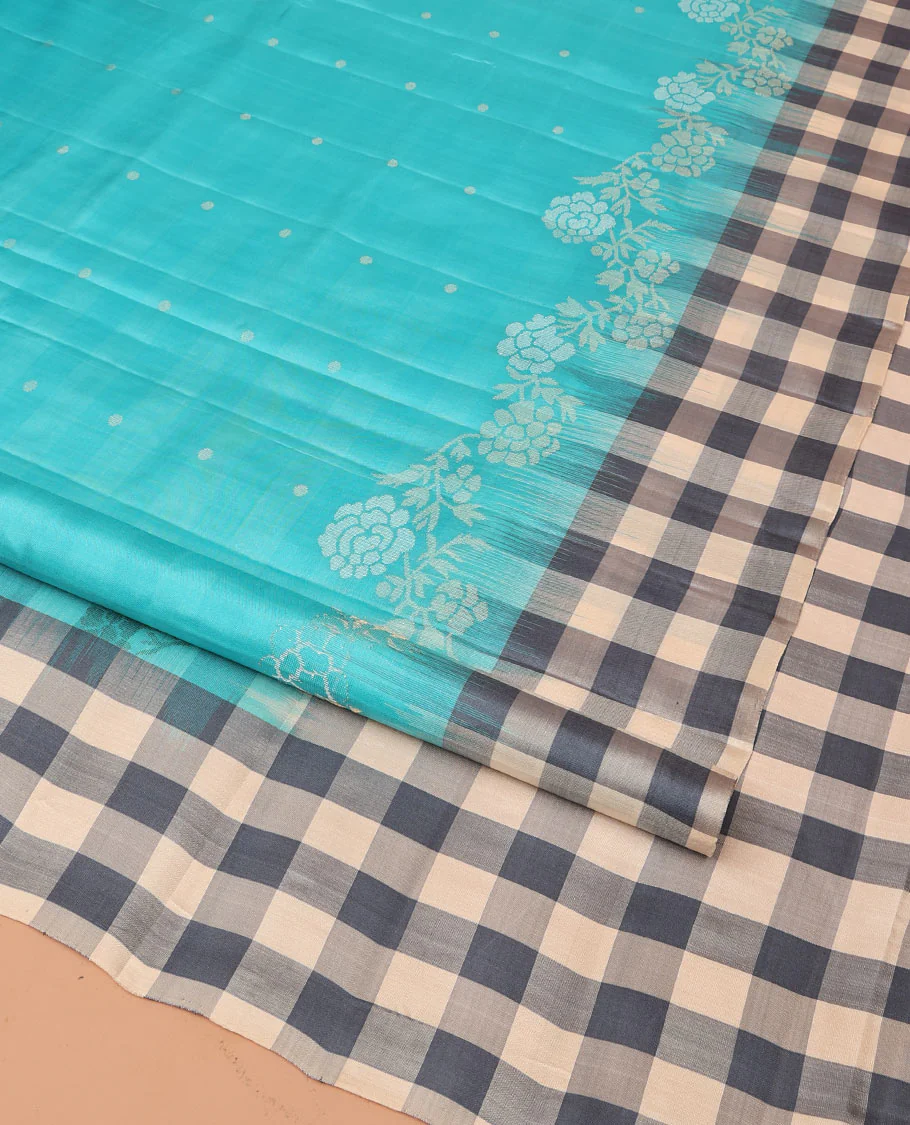 Blue Mayuri Soft Silk Saree, Steeped in Richness with Buttas and Floral Designs on Its Body, Complemented by Contrast Checked Border, Checked Pallu, and Paired with a Contrast Checked Blouse - Image 3