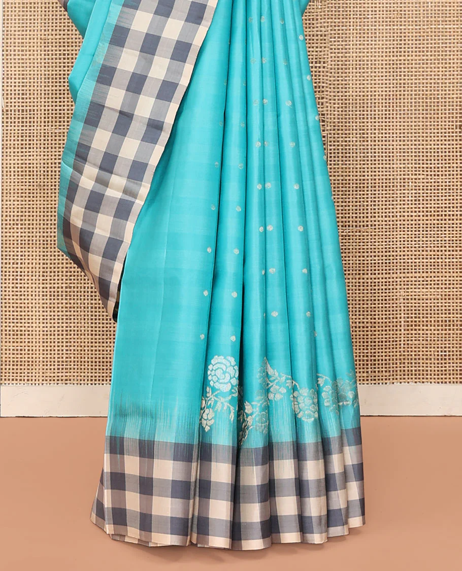 Blue Mayuri Soft Silk Saree, Steeped in Richness with Buttas and Floral Designs on Its Body, Complemented by Contrast Checked Border, Checked Pallu, and Paired with a Contrast Checked Blouse - Image 4