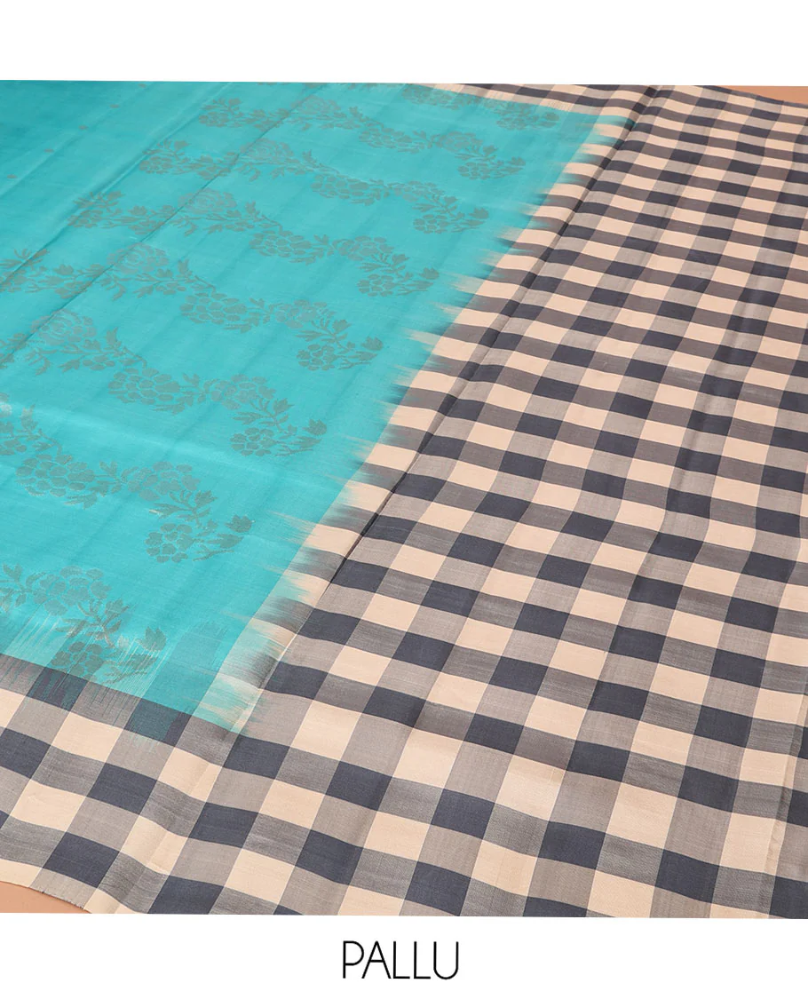 Blue Mayuri Soft Silk Saree, Steeped in Richness with Buttas and Floral Designs on Its Body, Complemented by Contrast Checked Border, Checked Pallu, and Paired with a Contrast Checked Blouse - Image 5
