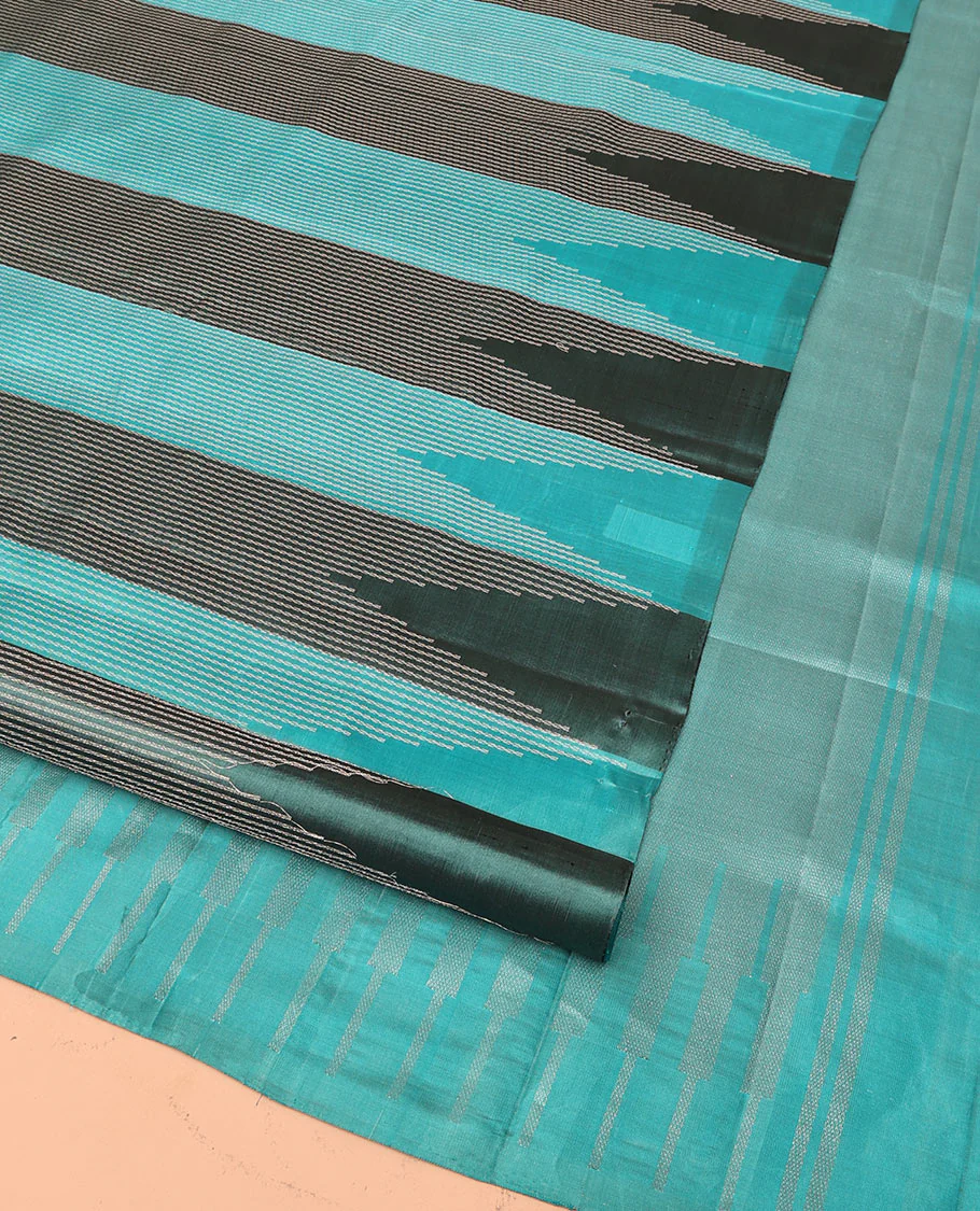 Blue Mayuri Soft Silk Saree, Subtly Sparkled with Thread Stripes All Over Its Body, Thazampoo Rekku Border, Sparsely Woven Pallu of Seppu Rekku Designs, and Paired with a Matching Blouse - Image 3