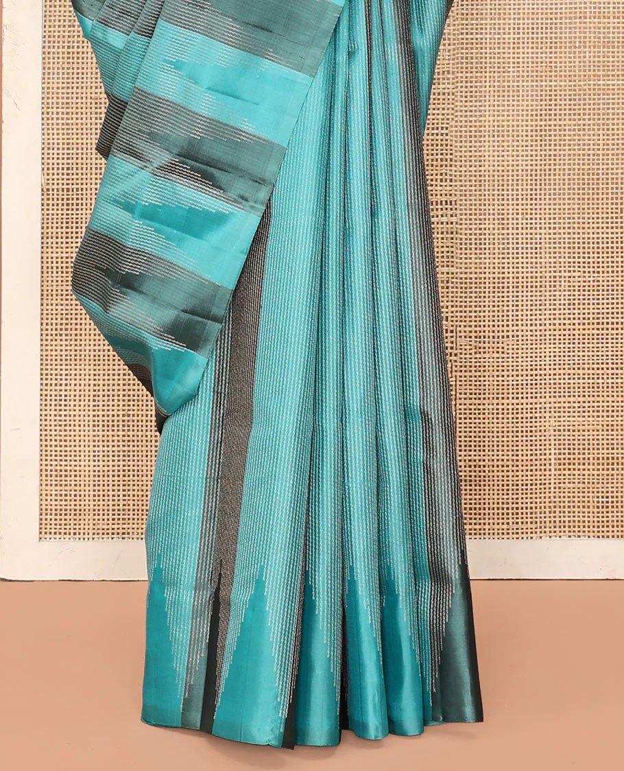 Blue Mayuri Soft Silk Saree, Subtly Sparkled with Thread Stripes All Over Its Body, Thazampoo Rekku Border, Sparsely Woven Pallu of Seppu Rekku Designs, and Paired with a Matching Blouse - Image 4