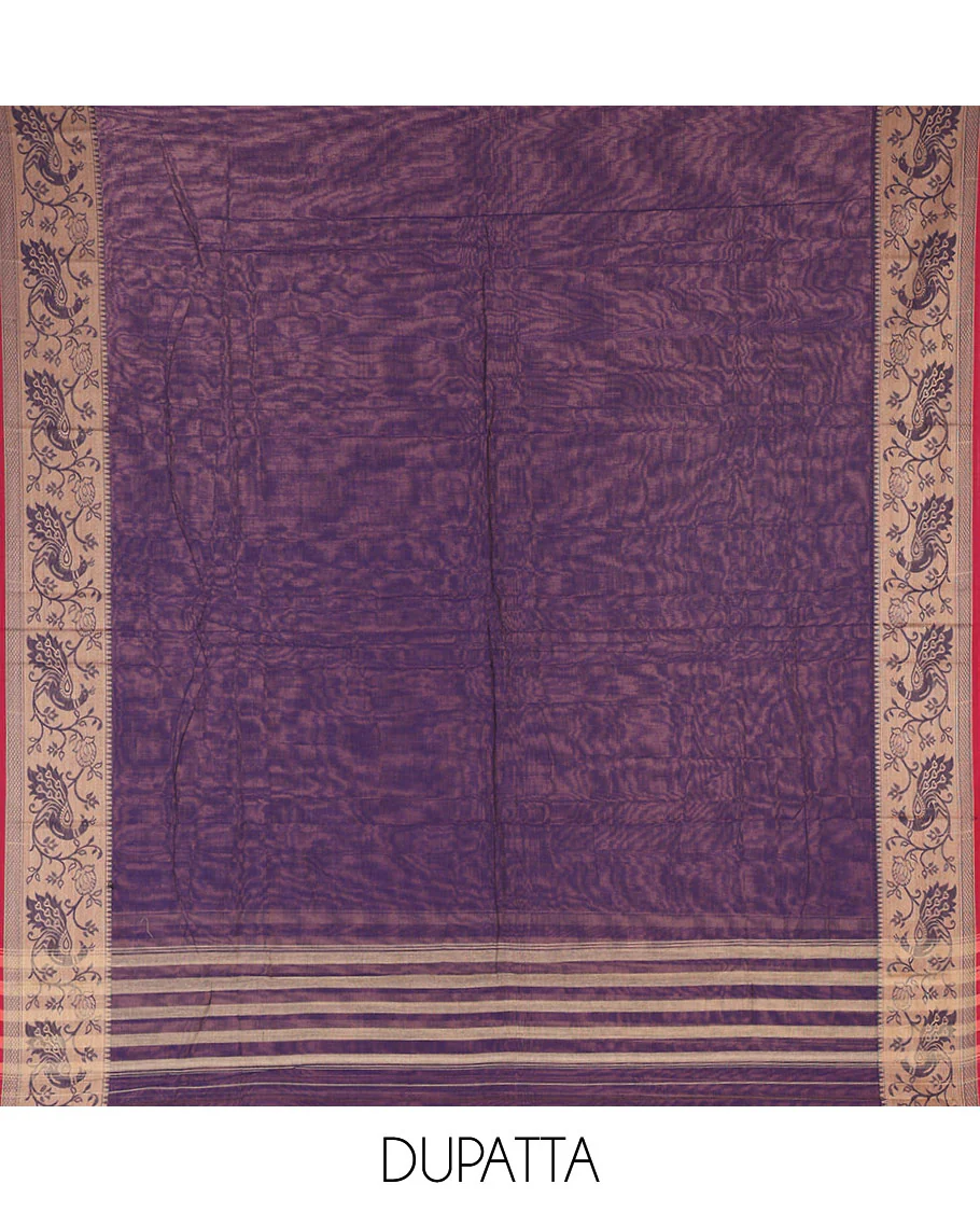 Blue Mercerised Cotton Material Churidar Set, Subtly Made Plain with Contrast Floral-Peacock Bordered Top, a Mercerised Cotton Bottom, and Paired with a Mercerised Cotton Peacock-Bordered Dupatta - Image 2