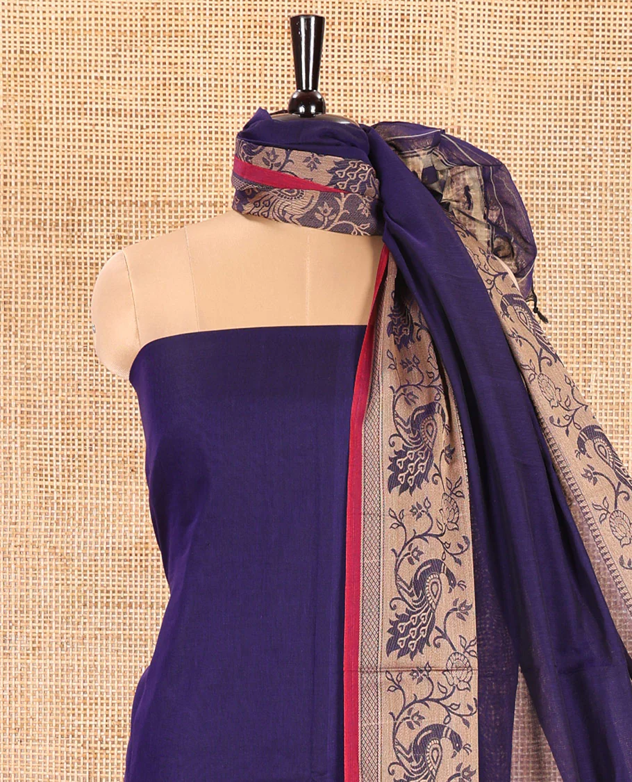 Blue Mercerised Cotton Material Churidar Set, Subtly Made Plain with Contrast Floral-Peacock Bordered Top, a Mercerised Cotton Bottom, and Paired with a Mercerised Cotton Peacock-Bordered Dupatta - Image 4