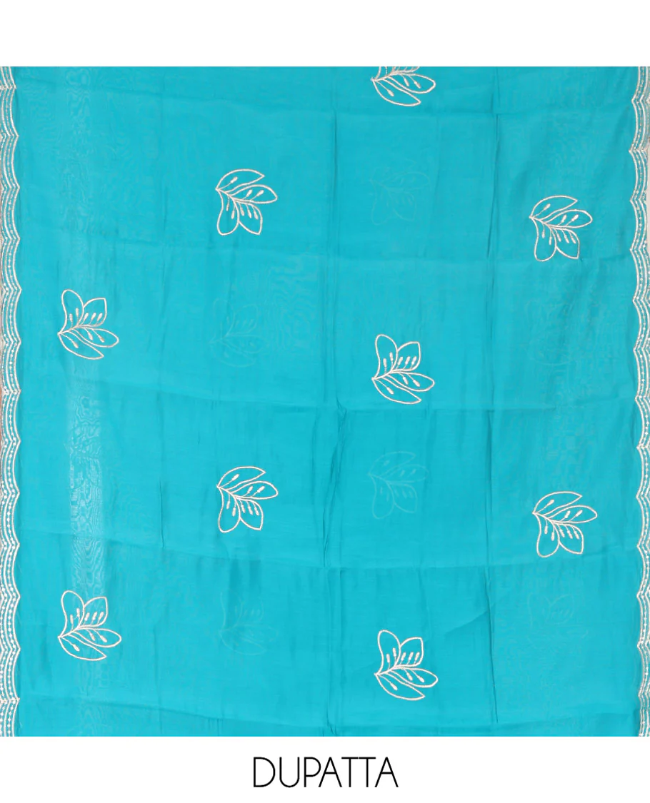 Blue Mul Chanderi Designer Material Chudidar Set, Meticulously Woven with Big Floral Motifs Embroidered On Its Top, A Plain Santoon Bottom, and Paired with a Mul Chanderi Scallop Thread Embroidered Dupatta - Image 2