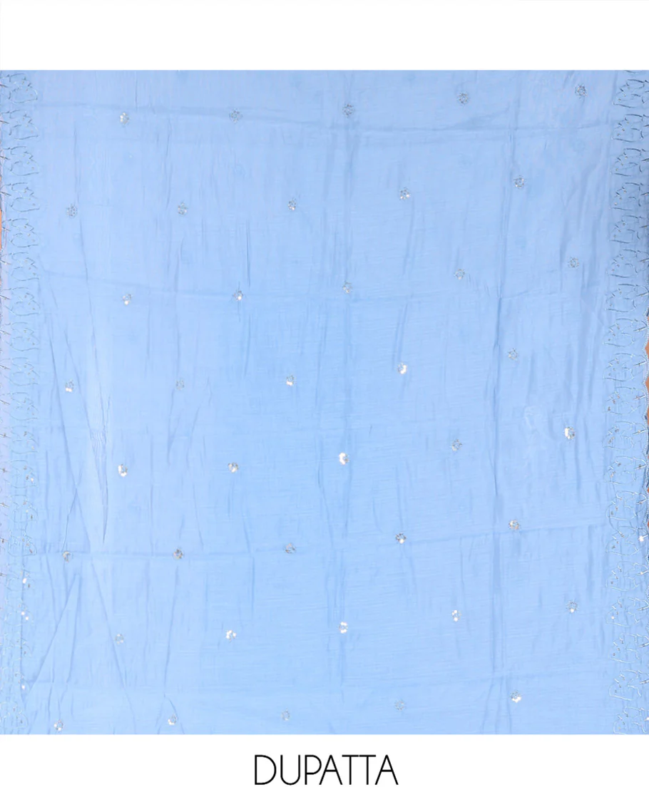 Blue Mul Chanderi Material Chudidar Set, Adorned with Appliqué Floral Embroidery on Its Top, a Plain Santoon Bottom, and Paired Scallop Embroidered Mul Chanderi Dupatta - Image 2