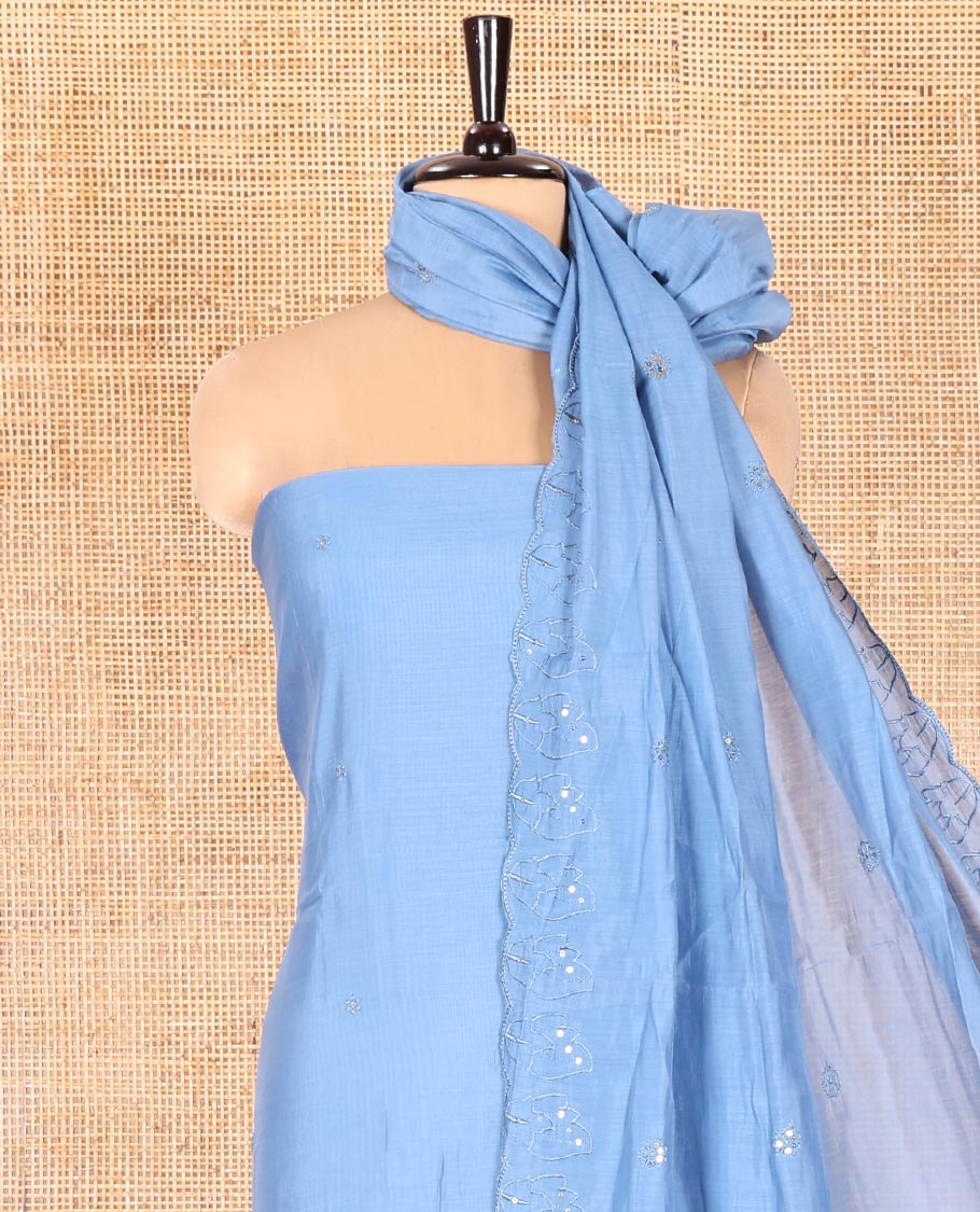 Blue Mul Chanderi Material Chudidar Set, Adorned with Appliqué Floral Embroidery on Its Top, a Plain Santoon Bottom, and Paired Scallop Embroidered Mul Chanderi Dupatta - Image 3