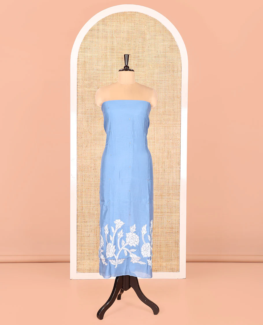 Blue Mul Chanderi Material Chudidar Set, Adorned with Appliqué Floral Embroidery on Its Top, a Plain Santoon Bottom, and Paired Scallop Embroidered Mul Chanderi Dupatta - Image 4