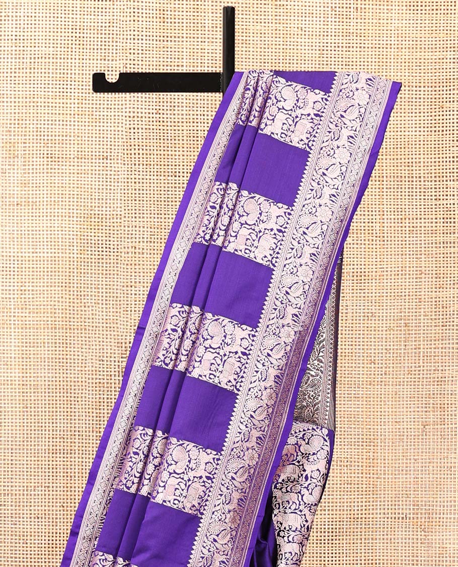 Blue Mushuru Silk Saree, Elegantly Decked Up with Vertically Woven Flora-Fauna Zari Designs On Its Body, Highlighted by Zari Border of Peacock and Deer Motifs, Grand Pallu, and Paired with a Plain Blouse - Image 5
