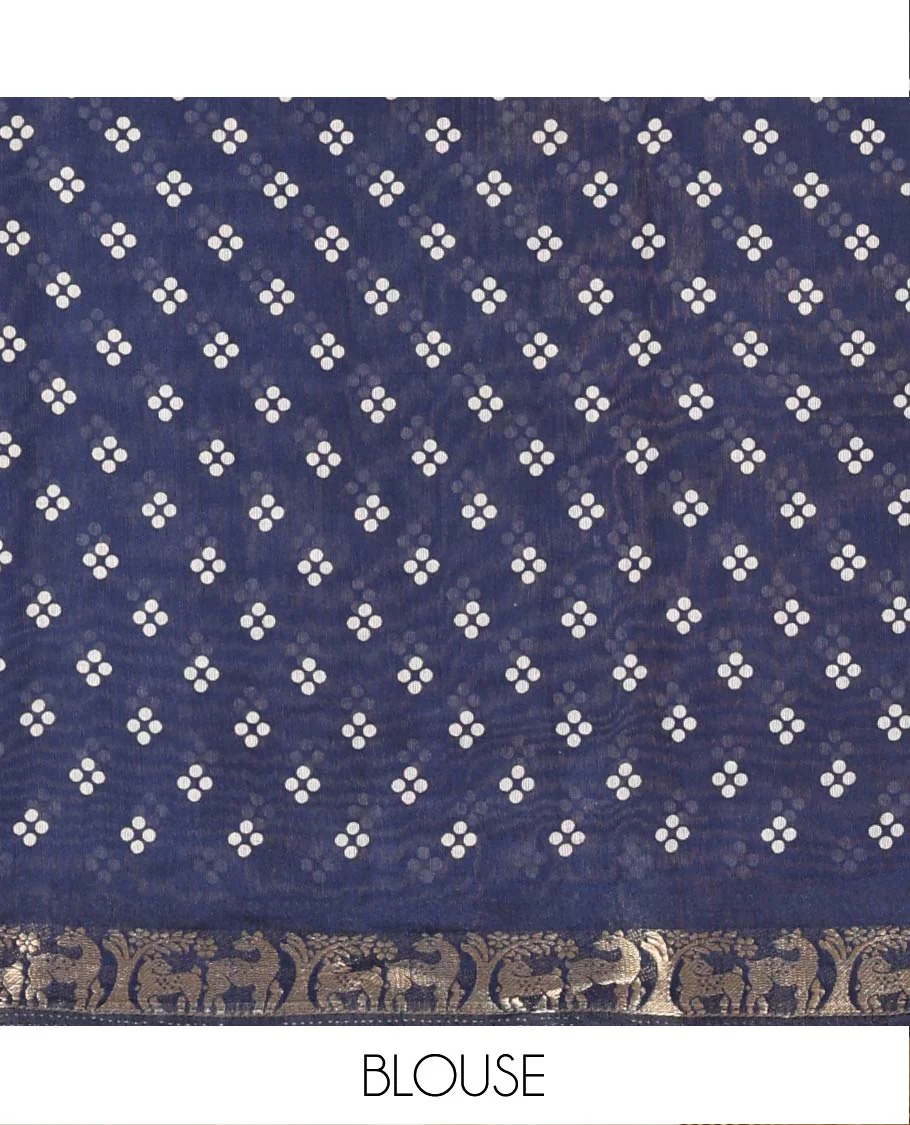 Blue Muslin Cotton Saree Adorned with Zig-Zag Shibori Patterns Prints, Complemented by a Contrast Border of Deer Motifs in Zari, Pallu Decked Up with Scenery Print, and Paired with a Contrast Polka Dots Printed Blouse - Image 4