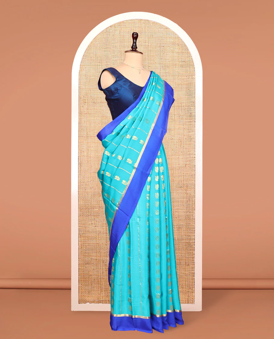 Blue Mysore Silk Saree, Adorned With Zari Stripes and Peacock Buttas Across Its Body, Complemented by Captivating Contrast Border of Traditional Zari Designs, Pallu Steeped with Traditional Zari Designs, and Paired with a Contrast Blouse - Image 3