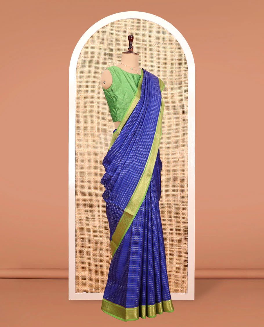 Blue Mysore Silk Saree, Elevated with Zari Butta Enclosed Checked Design on Its Body, Complemented by a Contrast Zari Border, Pallu Features Zari Designs, and Paired with a Contrast Blouse