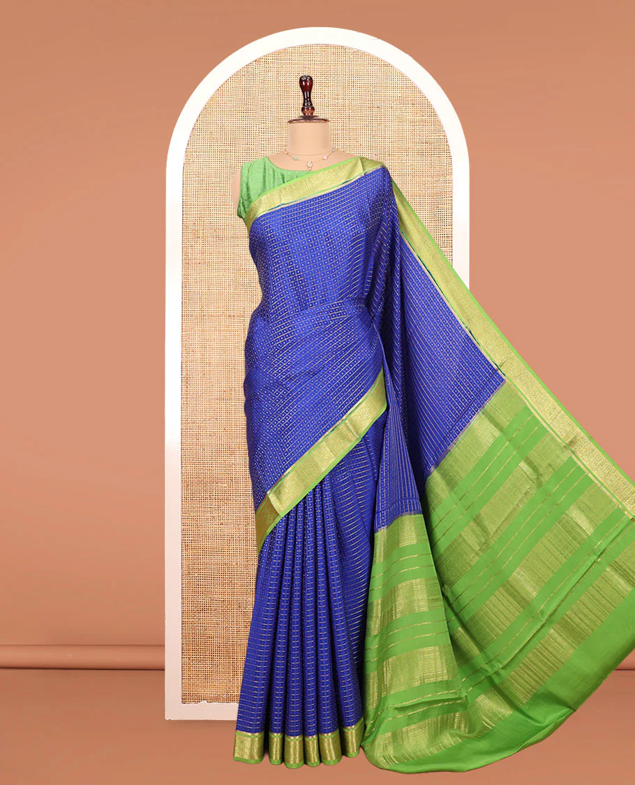 Blue Mysore Silk Saree, Elevated with Zari Butta Enclosed Checked Design on Its Body, Complemented by a Contrast Zari Border, Pallu Features Zari Designs, and Paired with a Contrast Blouse - Image 3