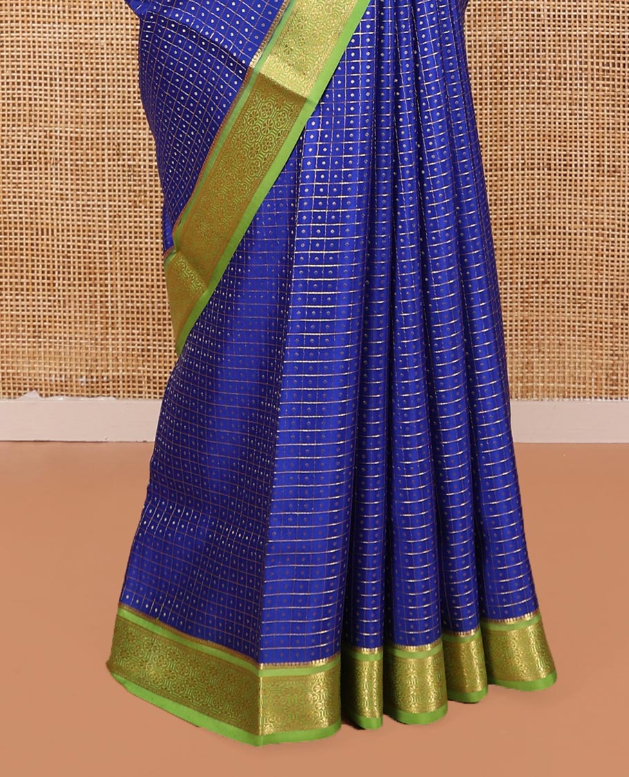 Blue Mysore Silk Saree, Elevated with Zari Butta Enclosed Checked Design on Its Body, Complemented by a Contrast Zari Border, Pallu Features Zari Designs, and Paired with a Contrast Blouse - Image 4
