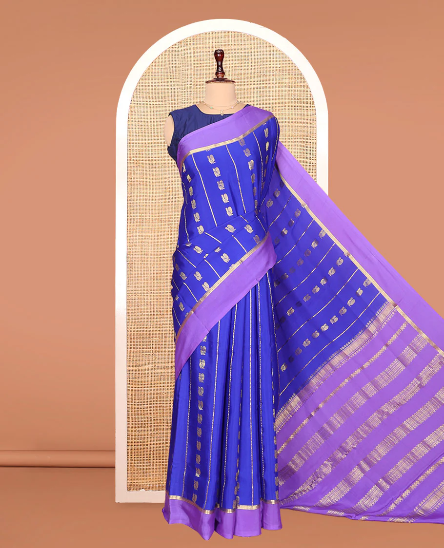 Blue Mysore Silk Saree, Gracefully Decked Up with Peacock Buttas and Stripes Across Its Body, Complemented by Contrast Border, Pallu Steeped with Traditional Zari Designs, and Paired with a Contrast Blouse - Image 3