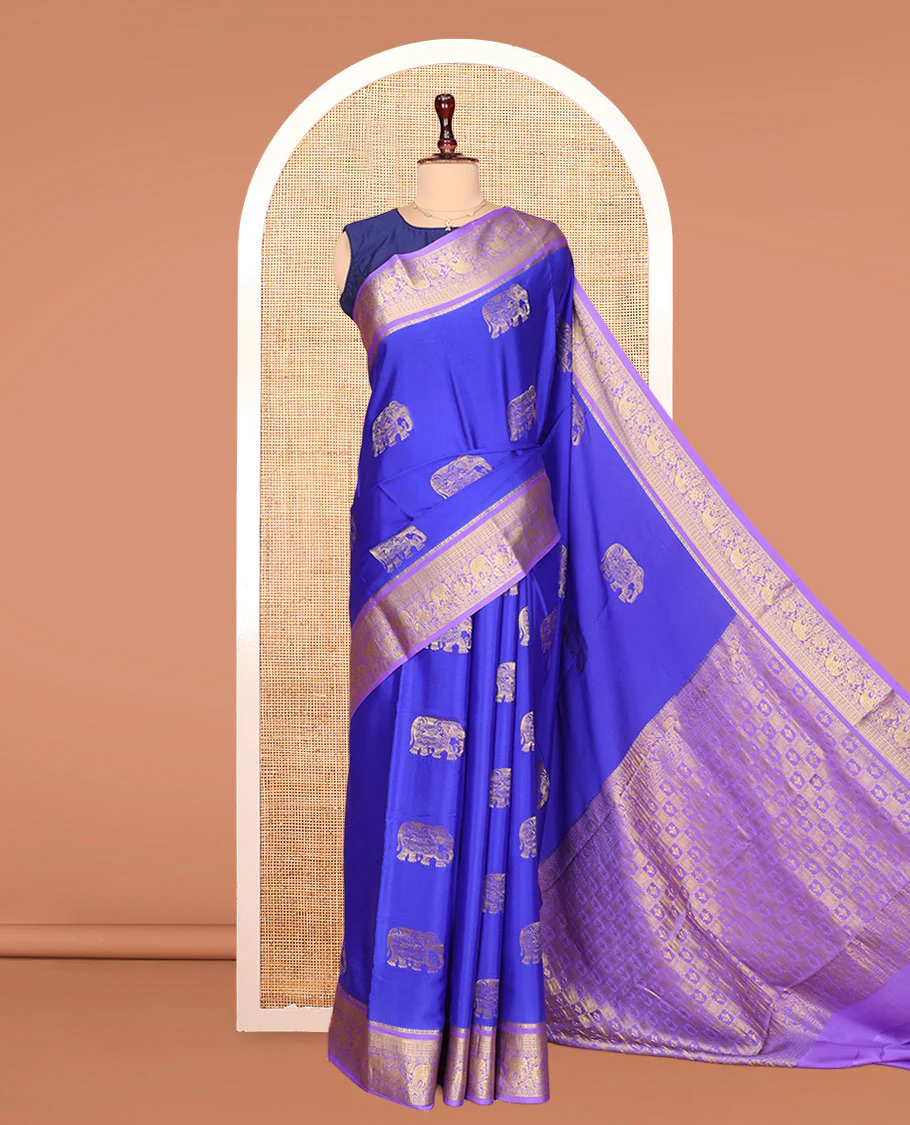 Blue Mysore Silk Saree, Mesmerized with Elephant Buttas Across Its Body, Complemented by Contrast Traditional Zari Border of Peacock-Elephant Designs, Intricately Designed Pallu, and Paired with a Contrast Blouse - Image 3