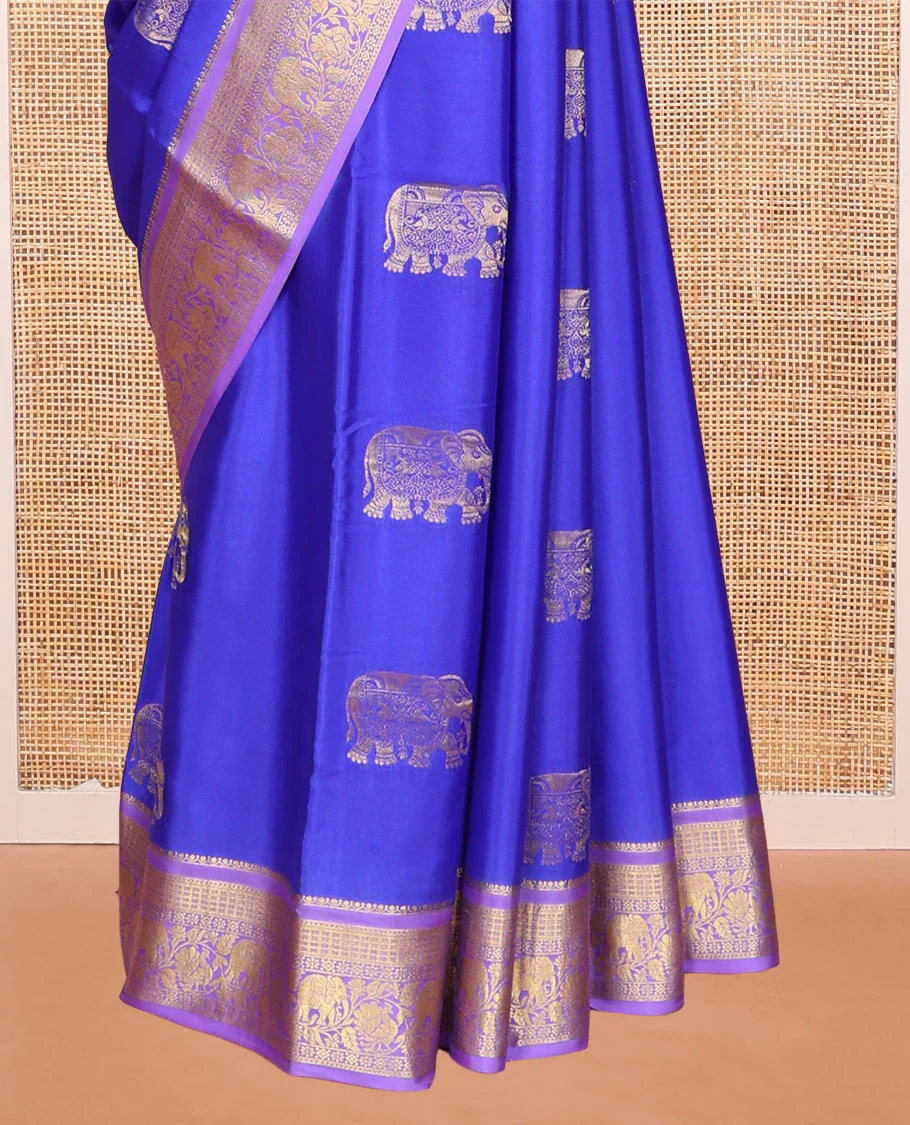 Blue Mysore Silk Saree, Mesmerized with Elephant Buttas Across Its Body, Complemented by Contrast Traditional Zari Border of Peacock-Elephant Designs, Intricately Designed Pallu, and Paired with a Contrast Blouse - Image 4