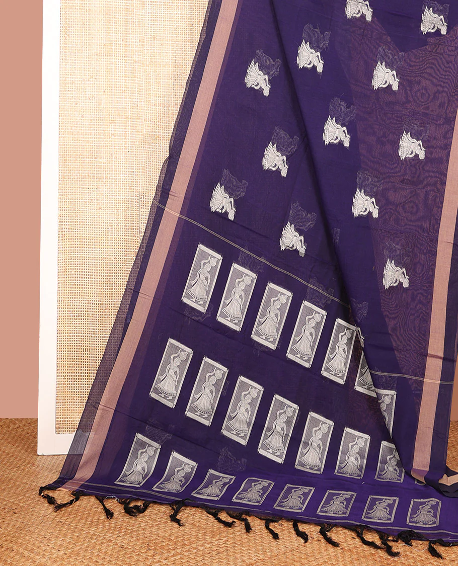 Blue Narayanapet Cotton Saree Adorned with Girl with a Pot Motifs, Subtle Self-Border, Pallu Mirrors the Same Body Motifs, and Paired with a Matching Blouse - Image 2