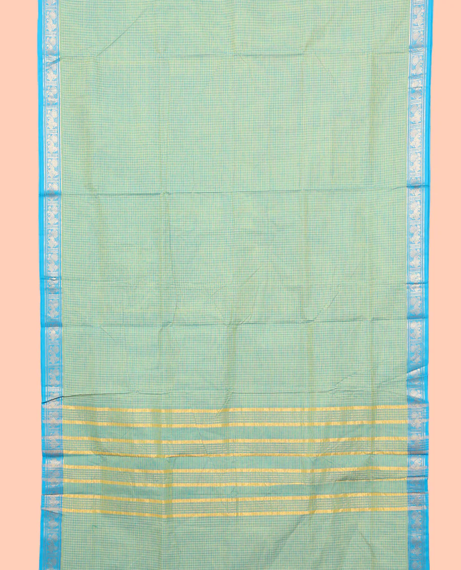Blue Nine Yard Cotton Saree, Elevated with Checked Design All Over Its Body, Complemented by Contrast Zari Peacock Motifs Border, Striped Pallu, and Comes Without a Blouse - Image 2