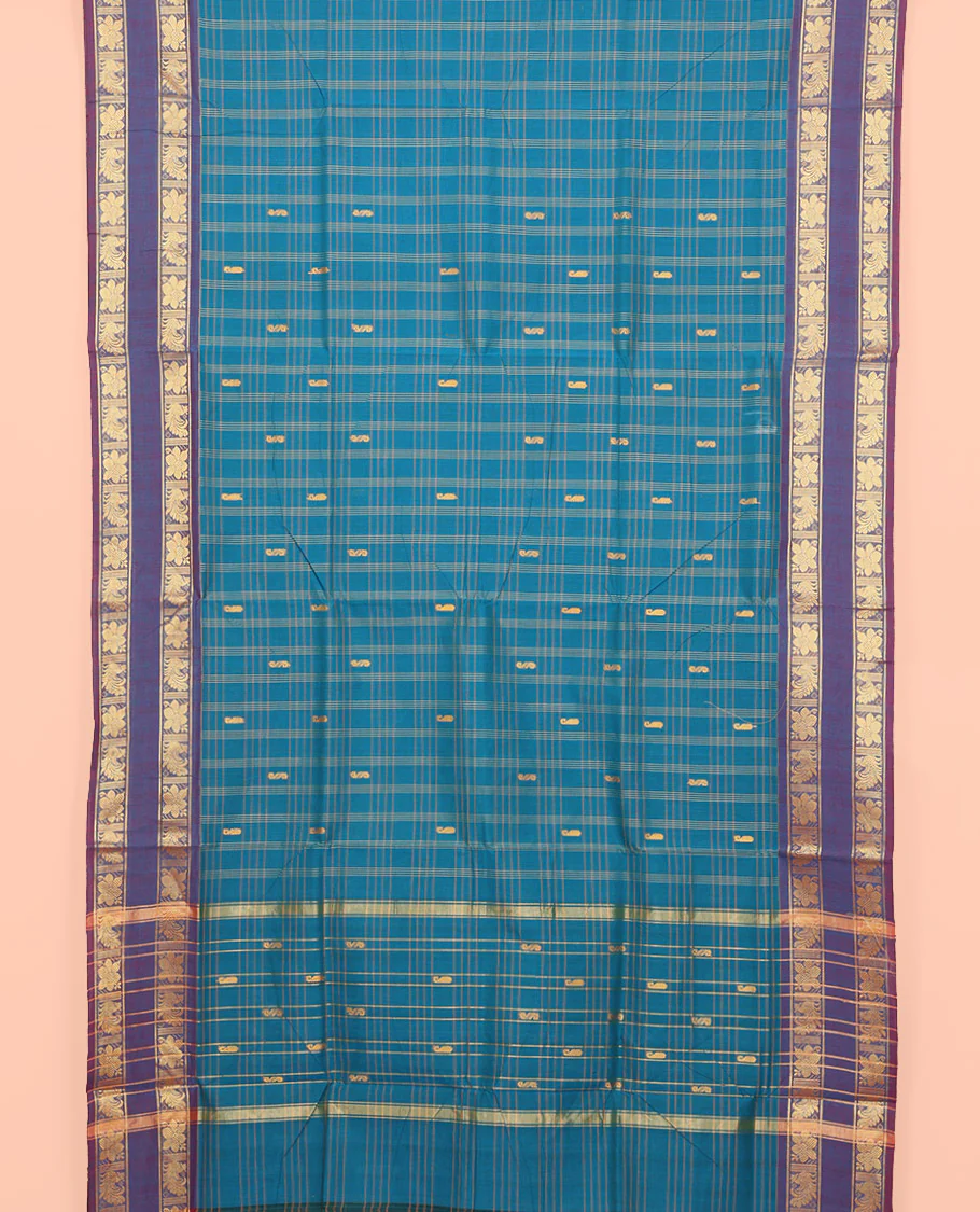 Blue Nine Yard Cotton Saree, Subtly Woven with Butta Enclosed Checks, Complemented by Contrast Rettai Pettu Border, Pallu of Stripes and Buttas, and Comes Without a Blouse - Image 2