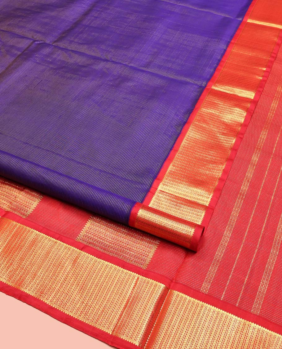Blue Nine-Yard Silk Saree, Delicately Woven with Zari Stripes, Complemented by a Contrast Traditional Zari Border, Pallu of Traditional Designs, and No Blouse
