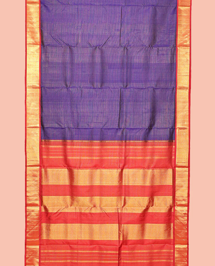 Blue Nine-Yard Silk Saree, Delicately Woven with Zari Stripes, Complemented by a Contrast Traditional Zari Border, Pallu of Traditional Designs, and No Blouse - Image 2
