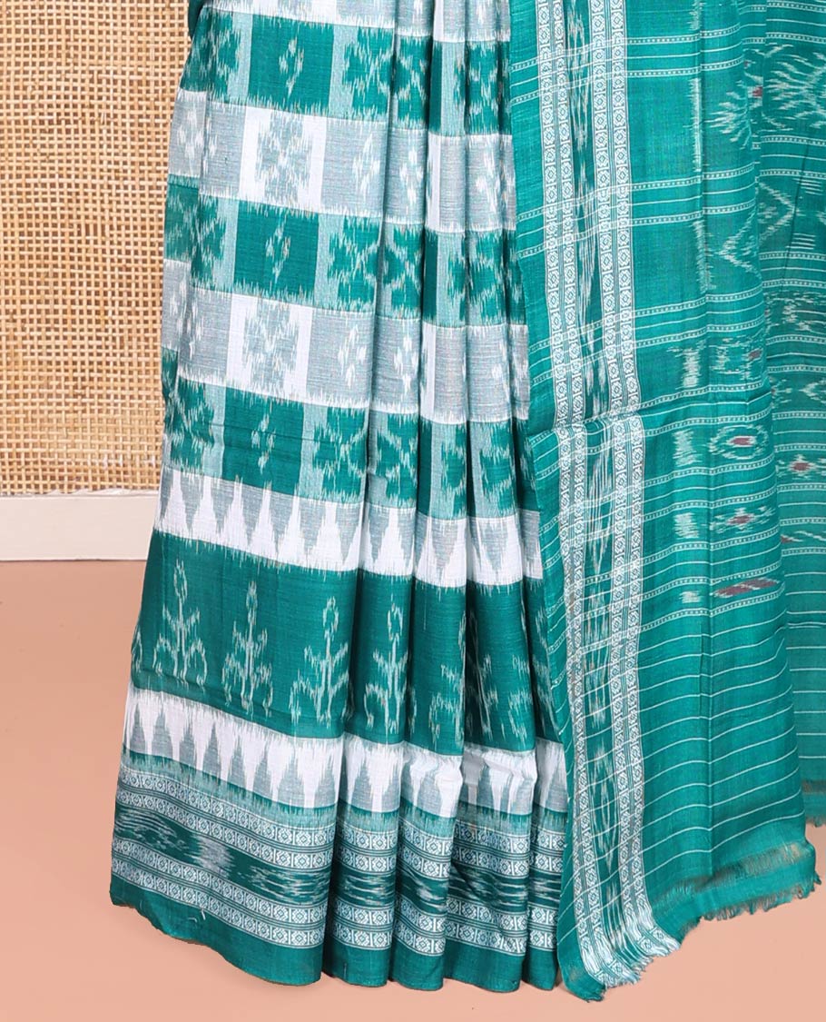 Blue Odisha Cotton Saree, Adorned with Butta Enclosed Checks and Temple Designs All Over the Body, Subtly Woven Border, Pallu Depicts Geometric Patterns, and Has No Blouse - Image 3
