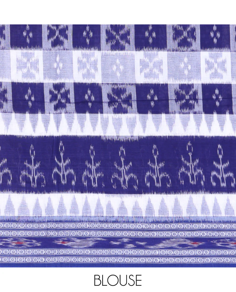 Blue Odisha Cotton Saree, Embellished with Butta Enclosed Checks and Temple Designs All Over the Body, Subtly Woven Border, Pallu Depicts Geometric Patterns, and Paired with a Matching Blouse - Image 5