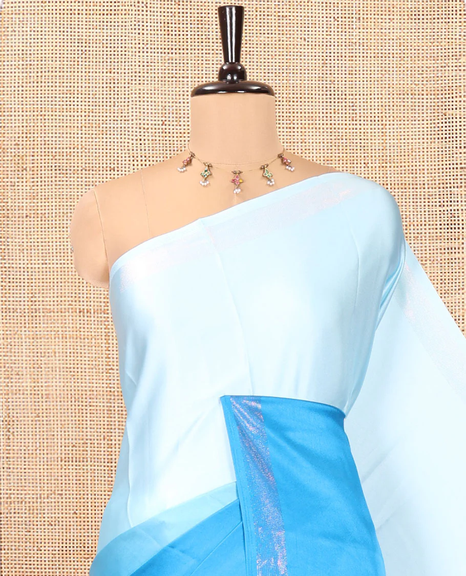 Blue Ombre Plain Satin Crepe Saree, Subtle Zari Border, Plain Pallu, and Comes without a Blouse - Image 2