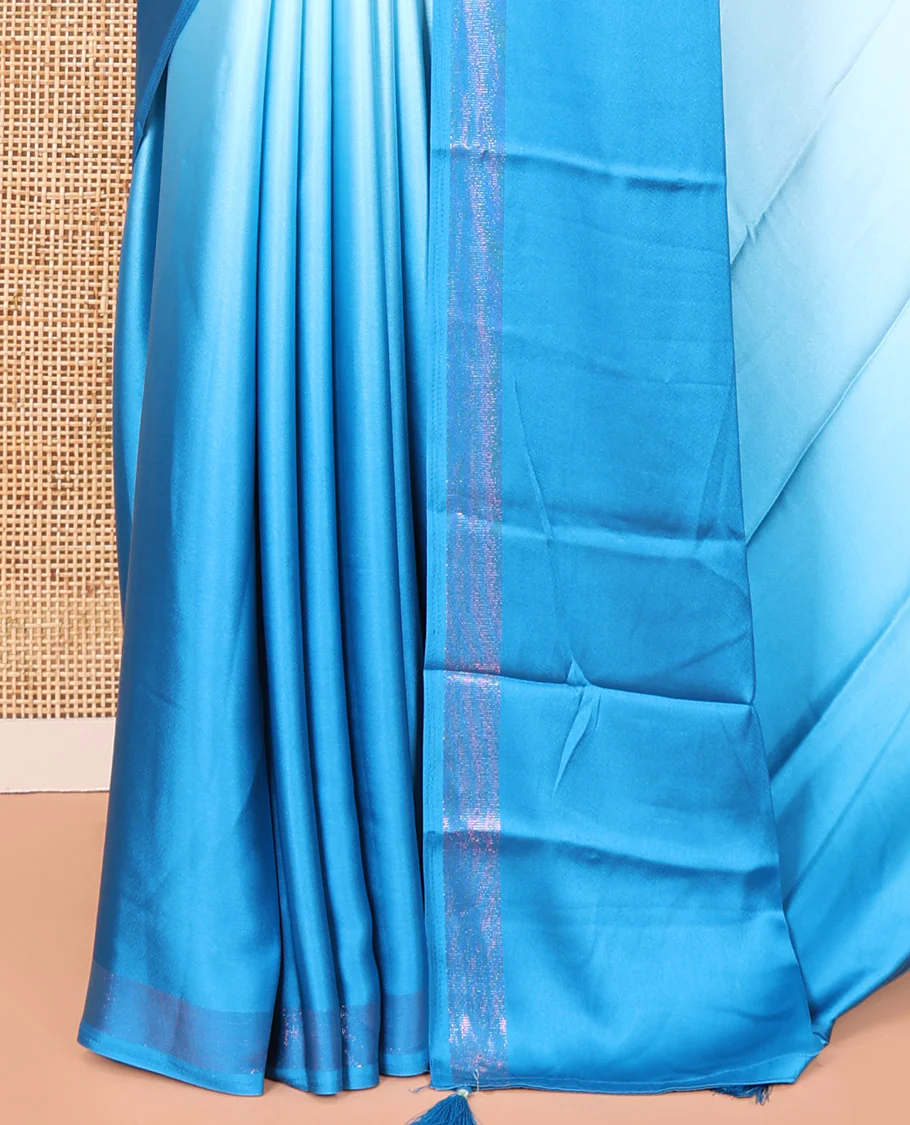 Blue Ombre Plain Satin Crepe Saree, Subtle Zari Border, Plain Pallu, and Comes without a Blouse - Image 3