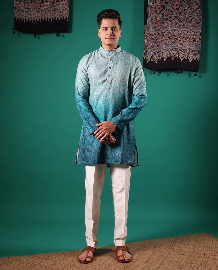 Blue ombre-toned with sequins embroidered jaal patterned full-sleeved men's kurta - Image 2