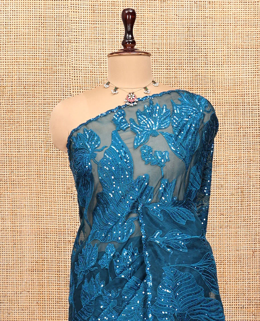 Blue Organza Saree, Beautifully Bedecked with Floral Sequins-Thread Embroidery, Scallop-Embroidered Border, and a Matching Blouse - Image 2