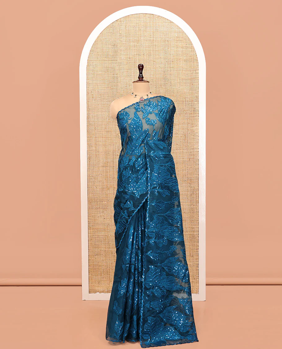 Blue Organza Saree, Beautifully Bedecked with Floral Sequins-Thread Embroidery, Scallop-Embroidered Border, and a Matching Blouse - Image 3