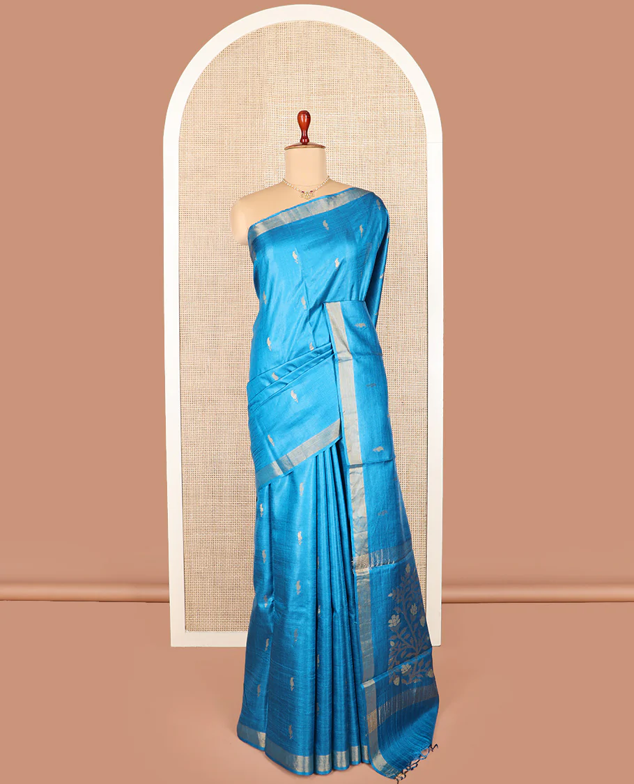Blue paisley buttas tussar saree, zari border, and pallu of floral designs - Image 2