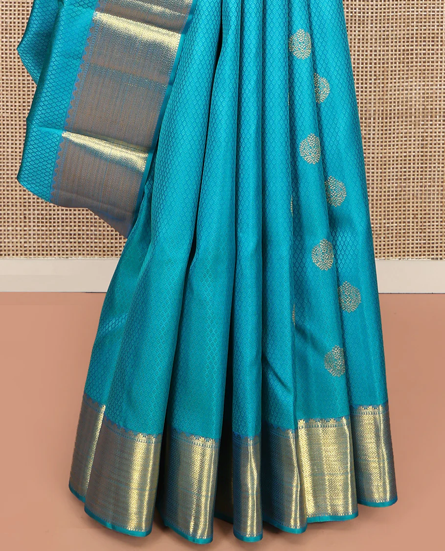 Blue Parampara Silk Saree, Adorned with Zari Buttas and Embossed Texture On Its Body, Highlighted by Zari Border of Thazampoo Rekku, Muthu, and Vanki Designs, Pallu Features Vanki Designs and Paired with a Matching Blouse - Image 4