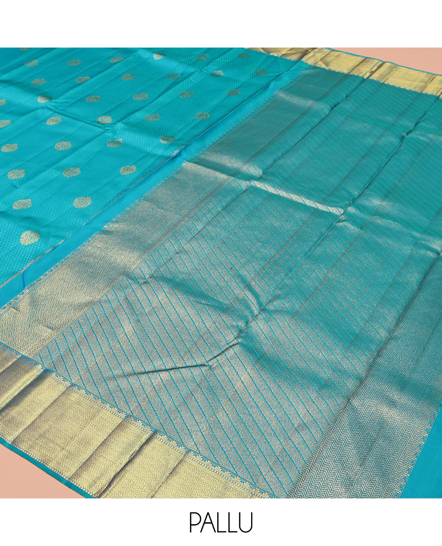Blue Parampara Silk Saree, Adorned with Zari Buttas and Embossed Texture On Its Body, Highlighted by Zari Border of Thazampoo Rekku, Muthu, and Vanki Designs, Pallu Features Vanki Designs and Paired with a Matching Blouse - Image 5