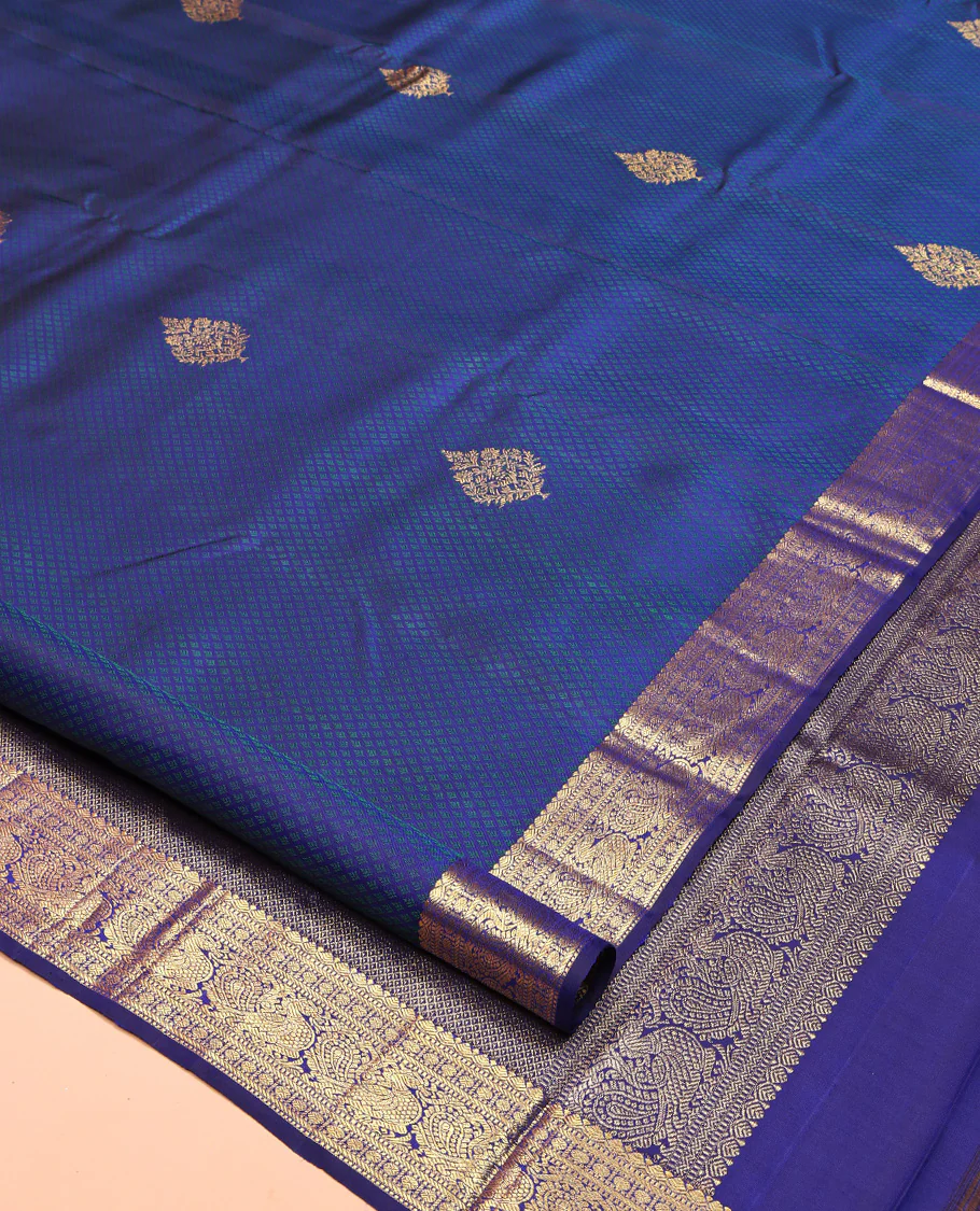 Blue Parampara Silk Saree, Graced with Zari Buttas and Embossed Texture On Its Body Highlighted by Zari Border of Muthu, Poun, and Mayil Designs, Pallu of Ara Maadam Designs, and Paired with a Matching Blouse - Image 2