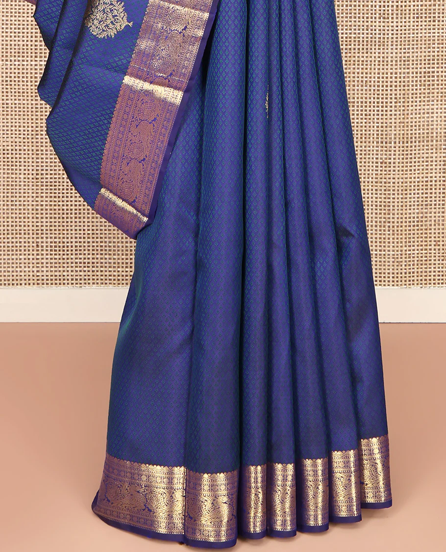 Blue Parampara Silk Saree, Graced with Zari Buttas and Embossed Texture On Its Body Highlighted by Zari Border of Muthu, Poun, and Mayil Designs, Pallu of Ara Maadam Designs, and Paired with a Matching Blouse - Image 4