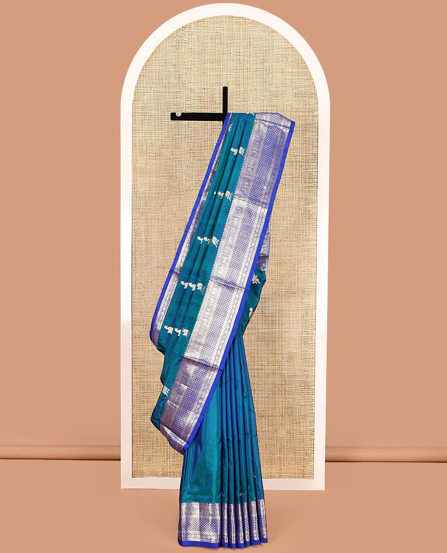 Blue peacock buttas Venkatagiri silk saree, contrast traditional zari design border, and zari-rich jaal pallu