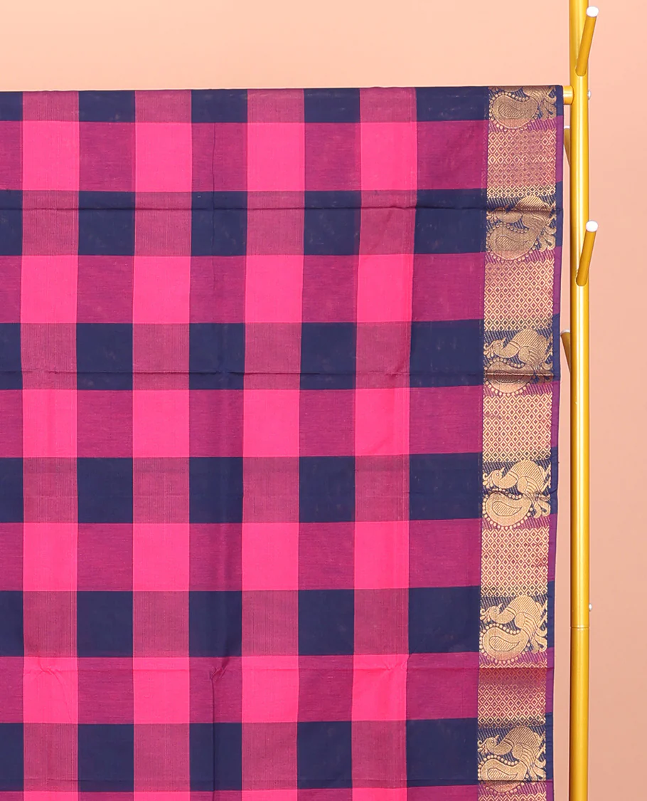 Blue-Pink Chettinad Cotton Saree, Detailed with Checks, Highlighted by Traditional Peacock Border, Striped Pallu, and No Blouse - Image 2