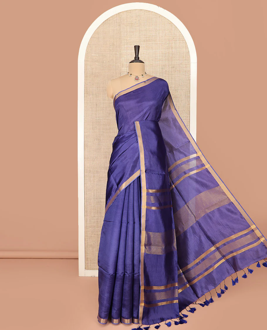 Blue Plain Banana Pith Saree Simply Sparkled with Zari Bavanji Border, Gleaming Zari Stripes Woven Pallu, and Paired with a Matching Plain Blouse
