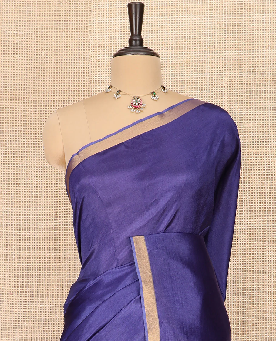 Blue Plain Banana Pith Saree Simply Sparkled with Zari Bavanji Border, Gleaming Zari Stripes Woven Pallu, and Paired with a Matching Plain Blouse - Image 2