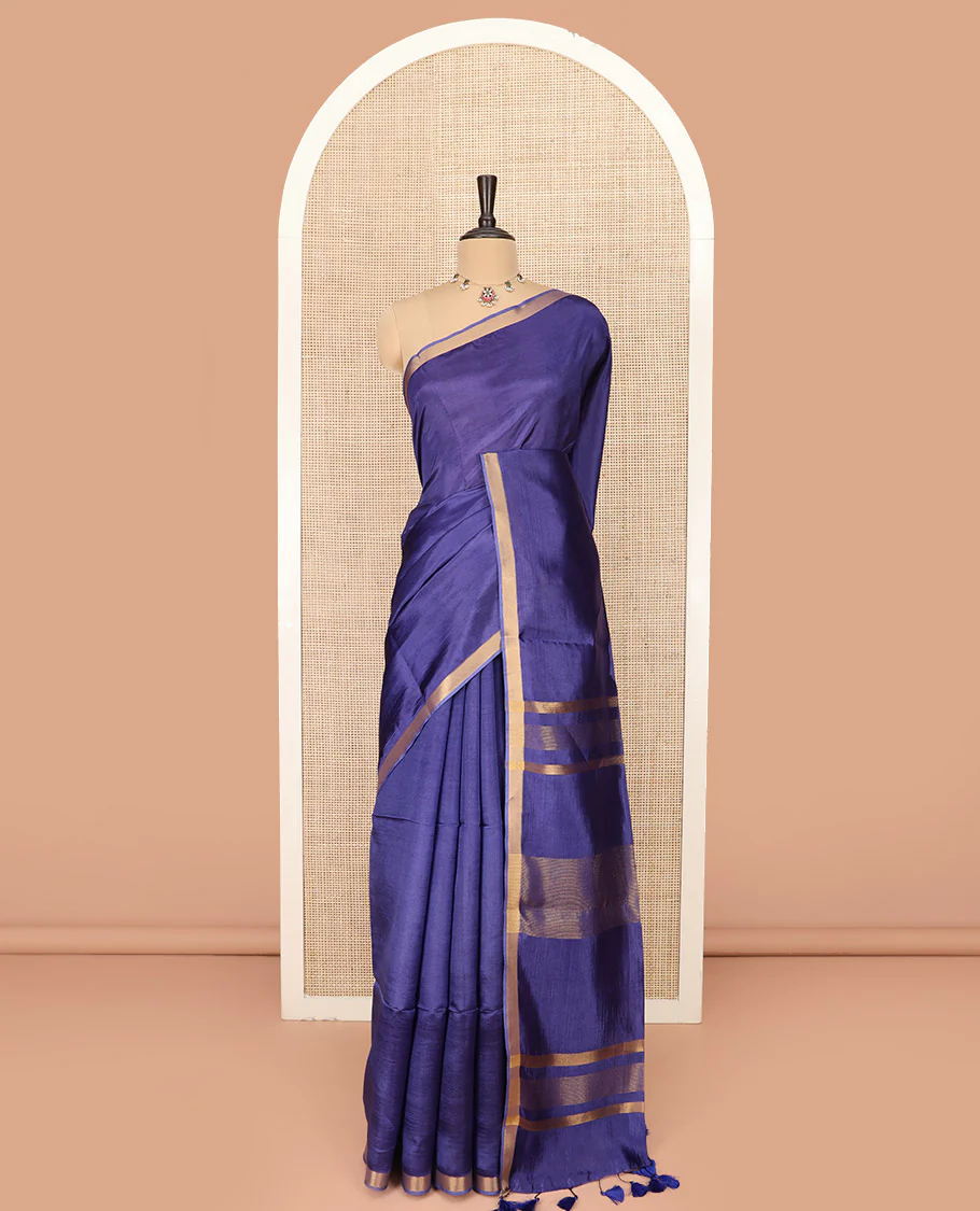 Blue Plain Banana Pith Saree Simply Sparkled with Zari Bavanji Border, Gleaming Zari Stripes Woven Pallu, and Paired with a Matching Plain Blouse - Image 3