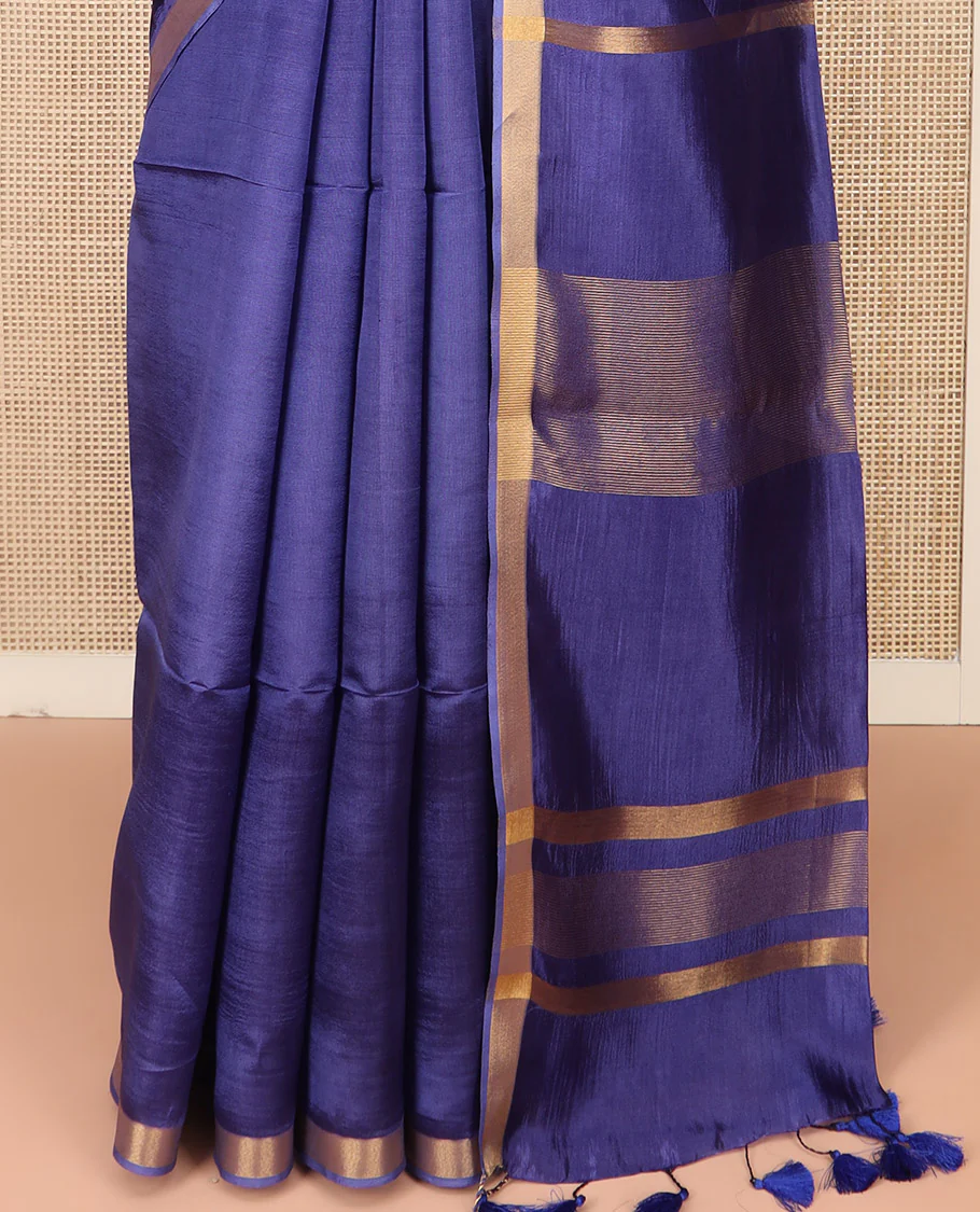 Blue Plain Banana Pith Saree Simply Sparkled with Zari Bavanji Border, Gleaming Zari Stripes Woven Pallu, and Paired with a Matching Plain Blouse - Image 4