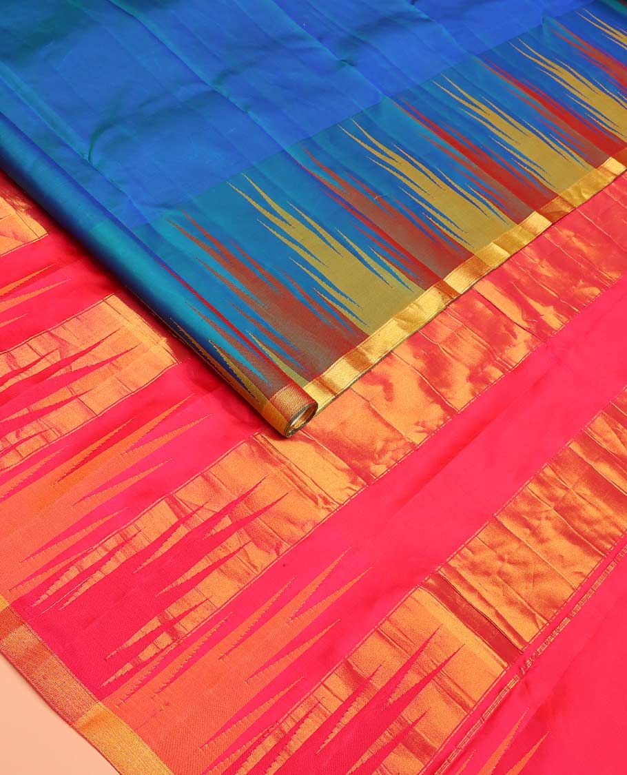 Blue plain Bangalore silk saree, contrast temple piping border, and zari-rich pallu of temple designs - Image 2