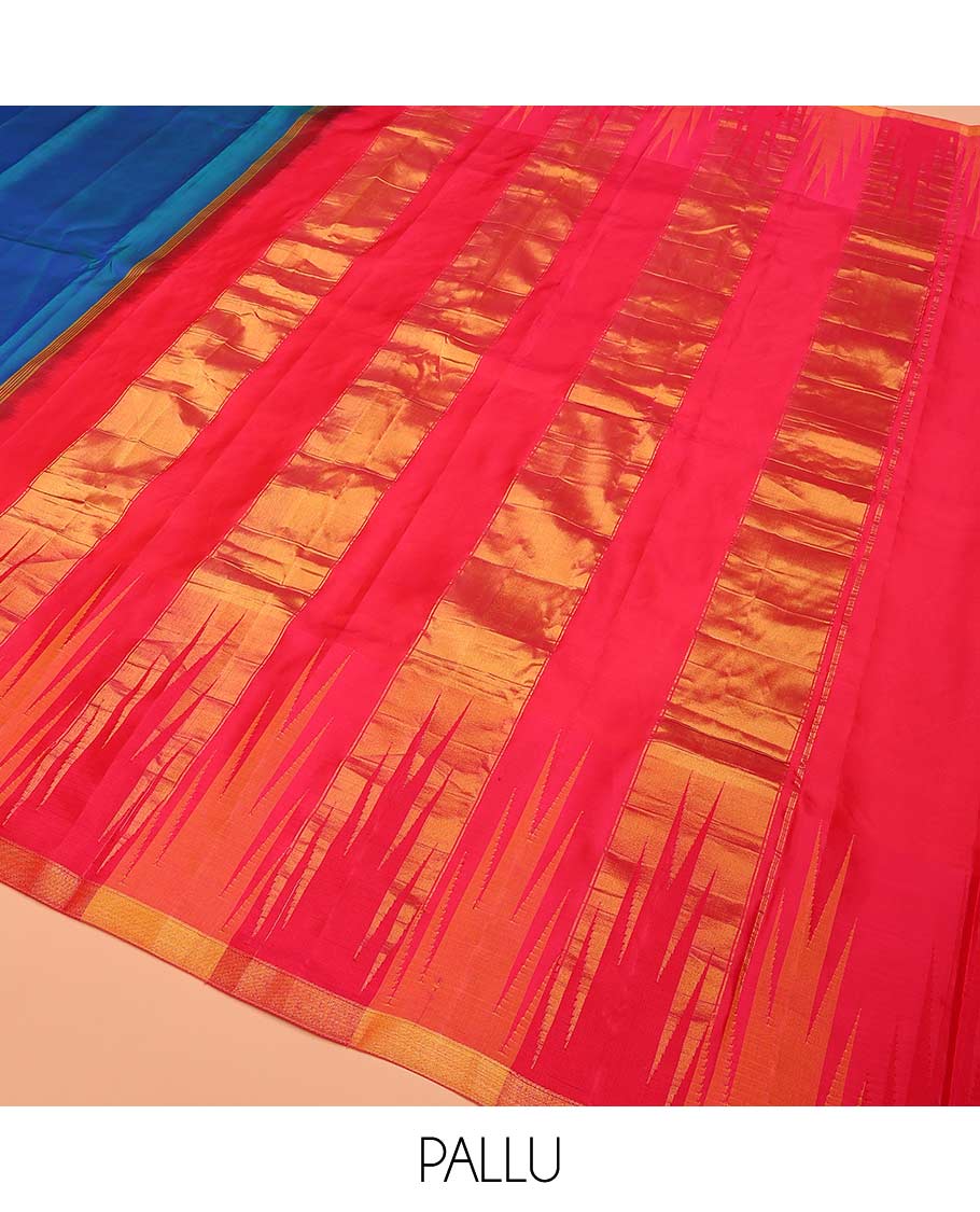 Blue plain Bangalore silk saree, contrast temple piping border, and zari-rich pallu of temple designs - Image 5
