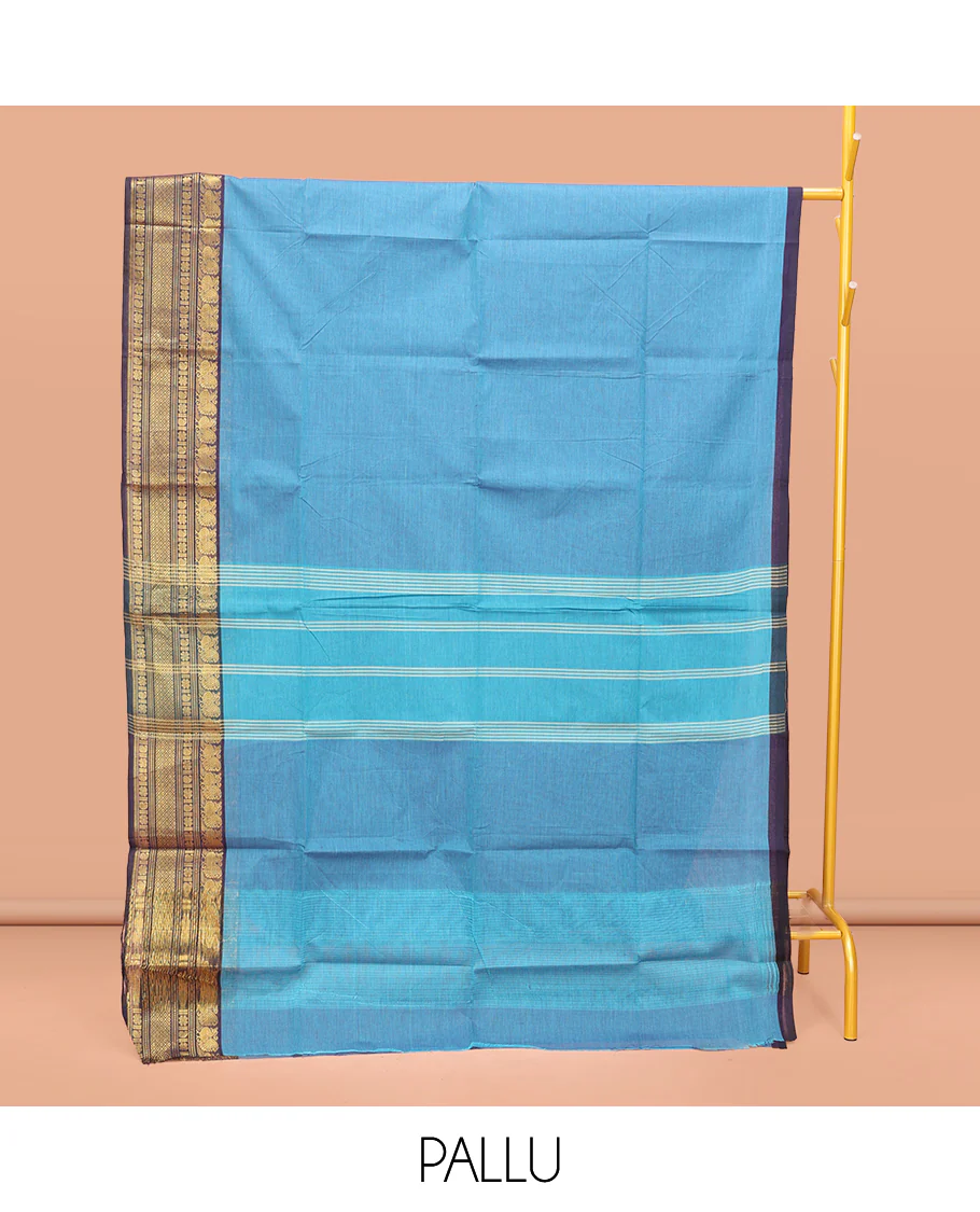 Blue Plain Chettinad Cotton Saree, Captivating by a Contrast Traditional Zari Design Woven Temple Border, Pallu of Stripes, and Paired with a Matching Blouse - Image 3