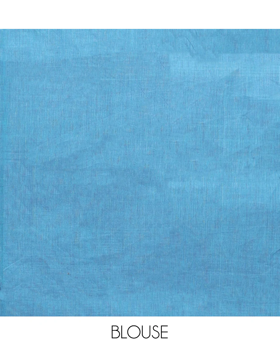 Blue Plain Chettinad Cotton Saree, Captivating by a Contrast Traditional Zari Design Woven Temple Border, Pallu of Stripes, and Paired with a Matching Blouse - Image 4