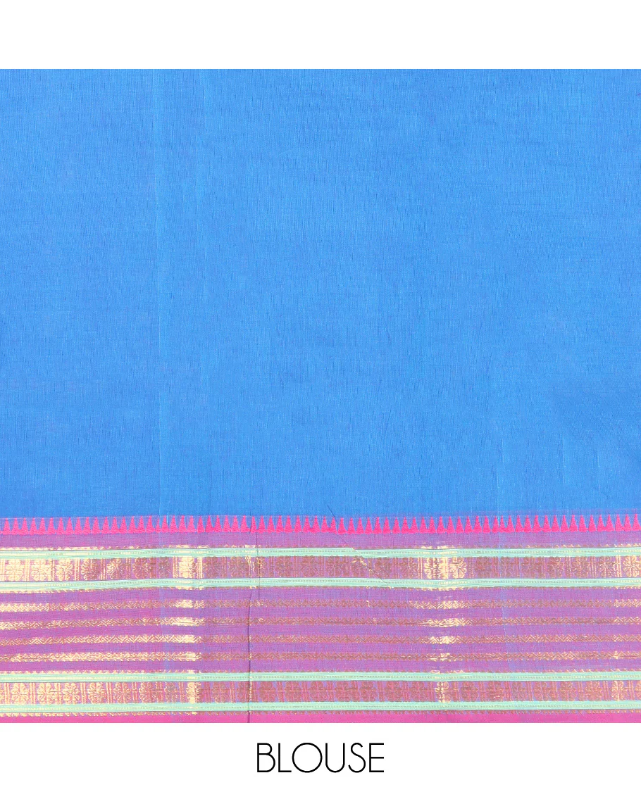 Blue Plain Chettinad Cotton Saree, Complemented by a Contrast Traditional Zari Design Woven Varisai Pettu Border, Pallu of Stripes, and Paired with a Matching Blouse - Image 3